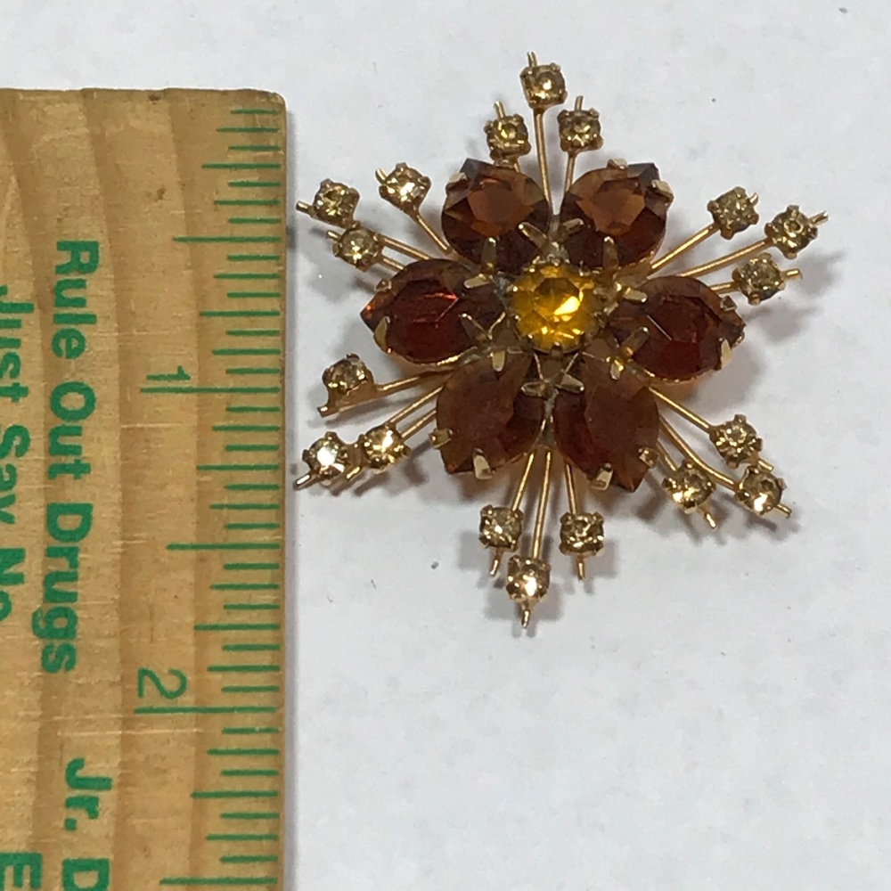 Vintage Austria Starburst Amber Rhinestone Brooch - Picture 5 of 6